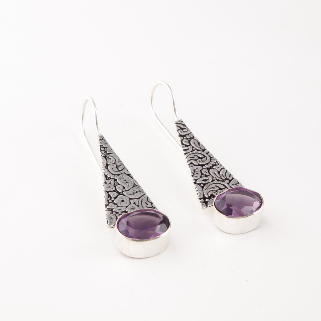 Natural Amethyst Gemstone 925 Sterling Silver Jewelry Handcrafted Earrings 1.9" EE-165-12