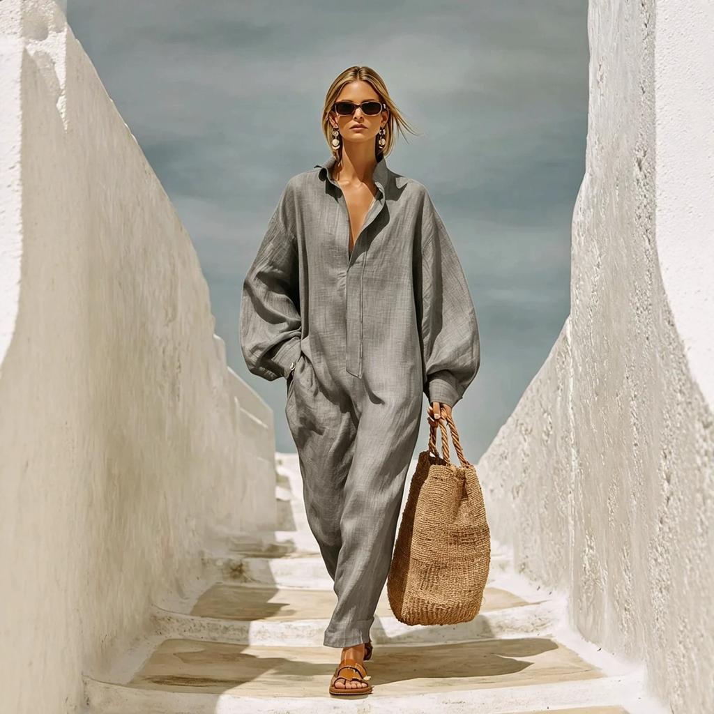 European and American solid color lapel half zipper placket lantern sleeve loose bohemian holiday dress