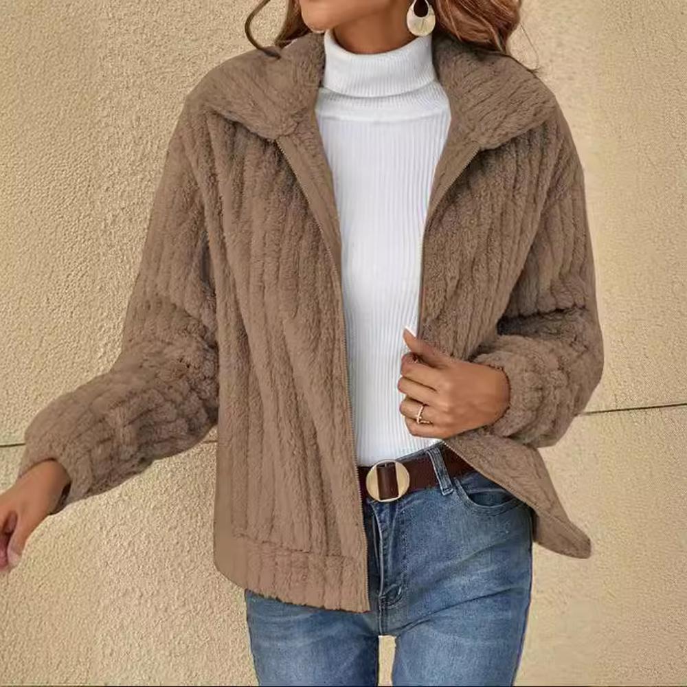 Women Fleece Basic Jacket Casual Female Turn Down Collar Teddy Pit Warm Zip Up Short Coats