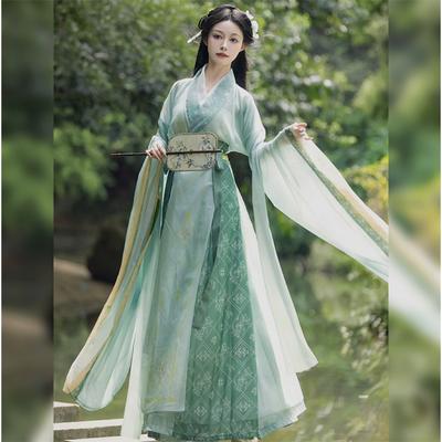 Hanfu v čínském stylu pro ženy v dynastiích Wei a Jin, s kříženým límcem, širokými rukávy, jednodílný sukňový oblek