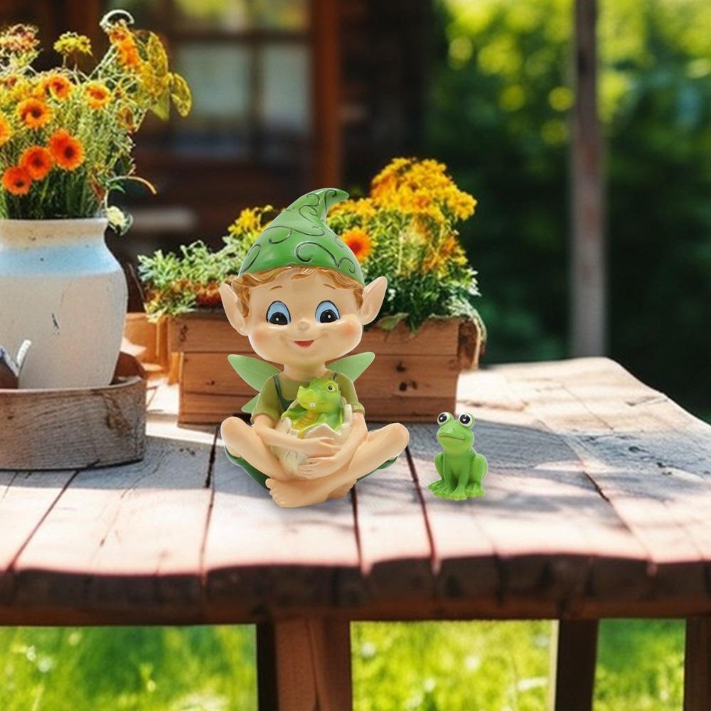 Durable Cartoon Elf Frog Statue Funny Handmade Garden Elf Decor Resin Crafts Frog Figurine Courtyard Patio Decor