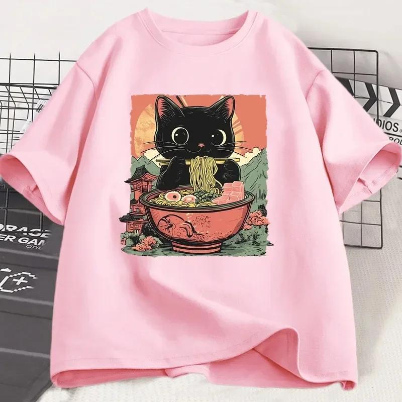 T-Shirt mit schwarzer Katze für Damen, lässiges Kurzarm-T-Shirt Harajuku für Damen, Tops ästhetische Kleidung