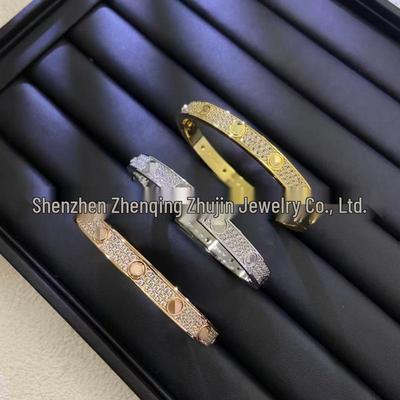 High-Version Star Kaka Diamond Buckle Bangle: Three-Row Wide CNC-Carved Fashion Bracelet