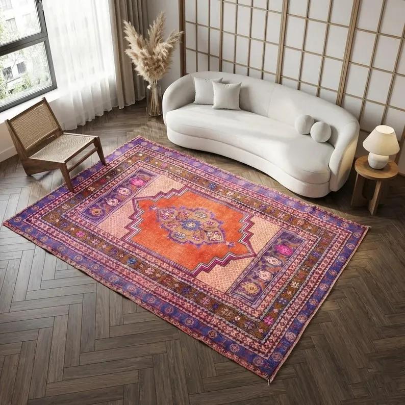 Hippie Retro Vibes Bohemian Area Rug Purple Groovy Psychedelic Rug Colorful Floor Rug Abstract Rug Girls Room Decorative Rug