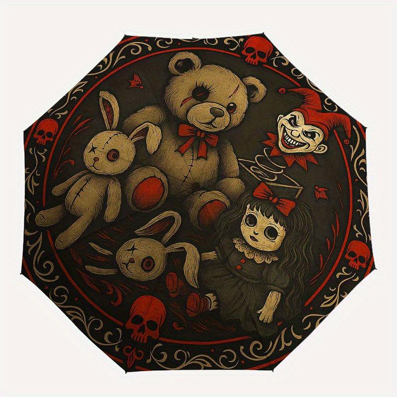Spooky Plushies: Creepy Teddy Bears, Bunny, Clown & Doll Halloween Decorations Umbrella, Cute Umbrella with Cute Design, Portable 3-Fold Compact Umbre