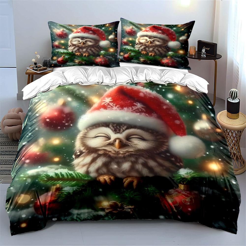 Christmas Owl with Santa Hat Bedding Duvet Cover Set  (1*Duvet Cover 2*Pillowcases, without duvet insert)