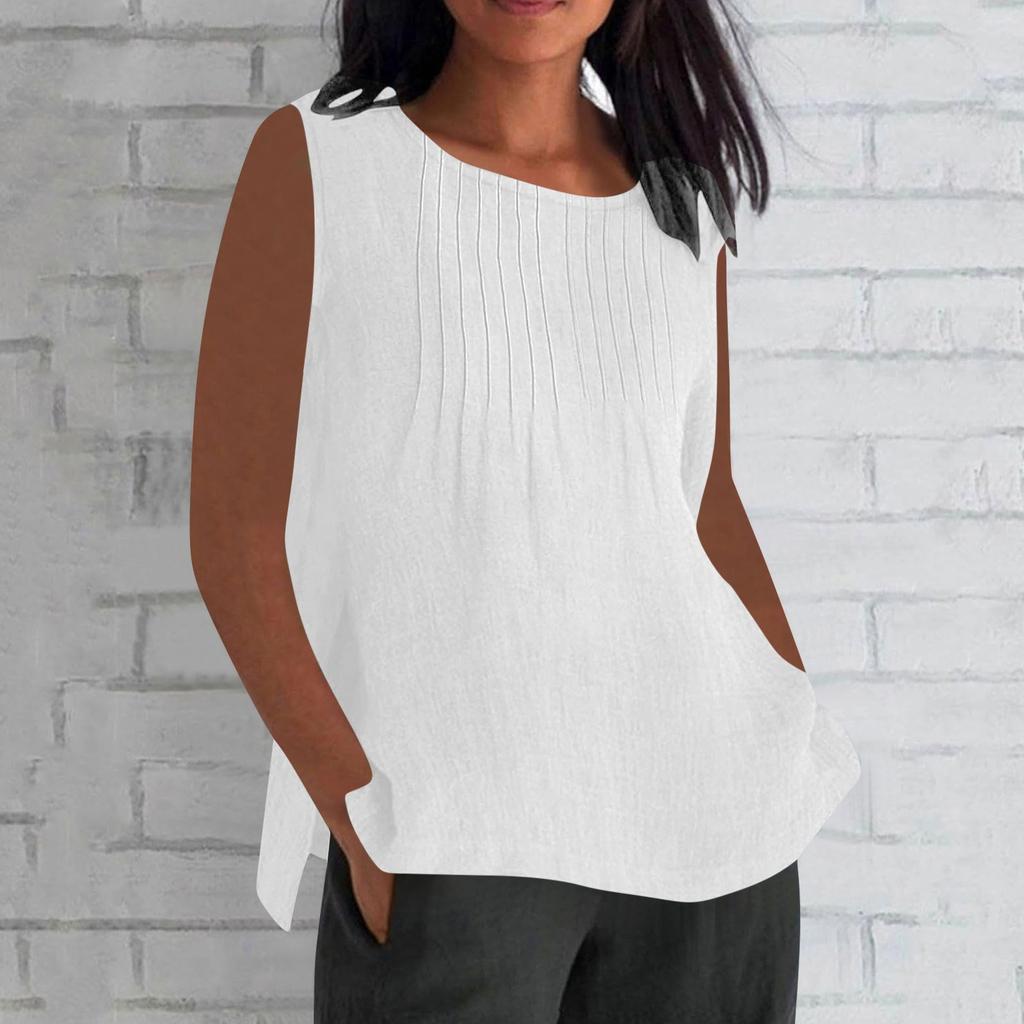 Women's Fashionable And Casual Sleeveless Vest Solid-color Cotton And Linen Pleated Sleeveless Top T-shirt