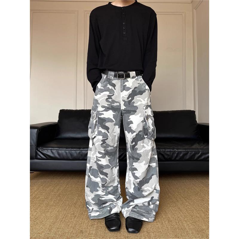 American Heavy Splicing Camouflage Tooling Jeans Men and Women Couples Big Pockets Loose Scimitar Wide Legs Straight Trousers