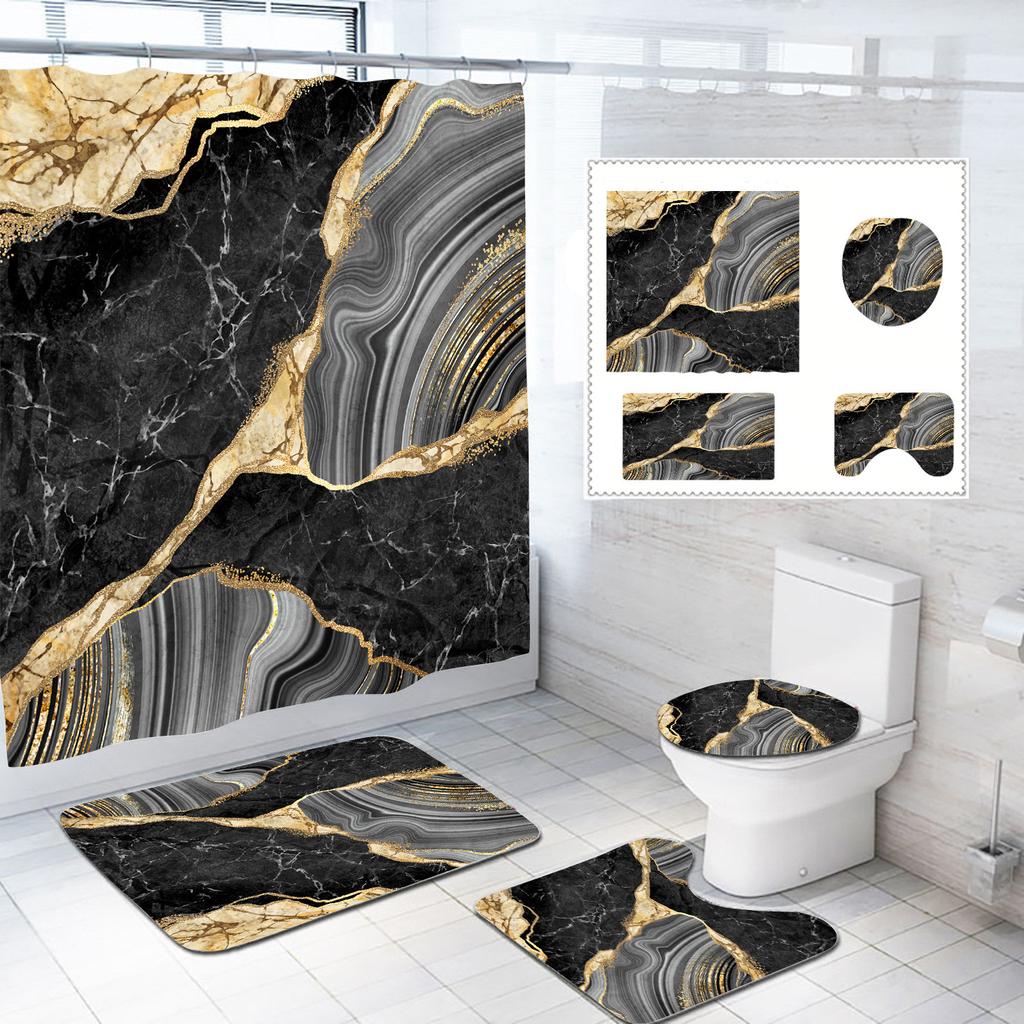 Bathroom Shower Curtain Floor Mat Four-Piece Set, Marble Style, Partition Curtain Floor Mat Three-Piece Set