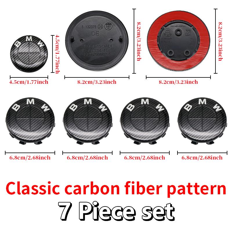 For BMW E46 82mm Hood F10 74mm Trunk Emblem 7Pcs Full Black Carbon Fiber Badge Set E90 68mm Wheel F30 Steering G20 X5 M4 Auto