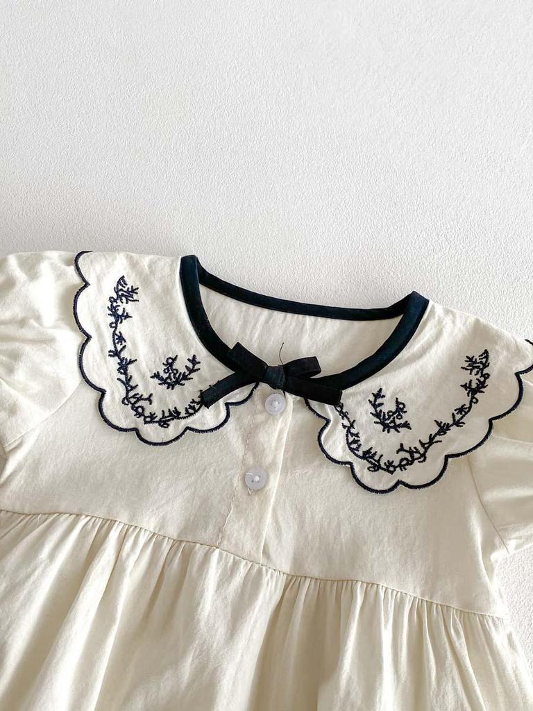 Embroidered Summer Romper with Turn-Down Collar and Bow for Newborn Girls