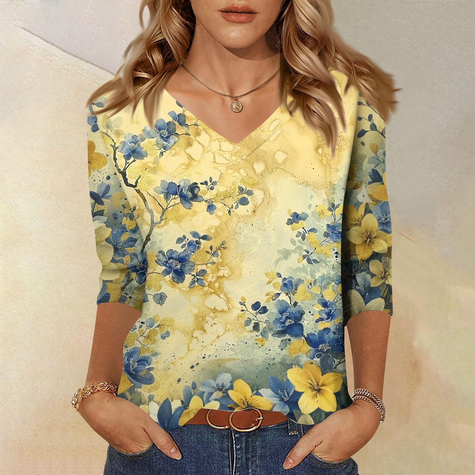 

Women s Tops Three-quarter Sleeve Shirt V-neck Loose Casual Shirt Print T-shirt XL жовтий