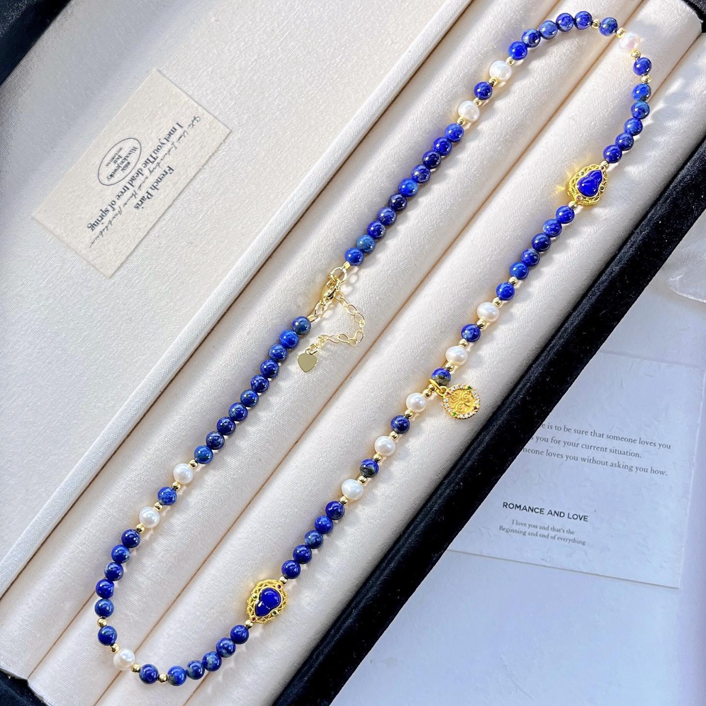 

High Quality Natural Freshwater Pearl Lapis Lazuli Design Sense Necklace Collarbone Chain Sweater Chain