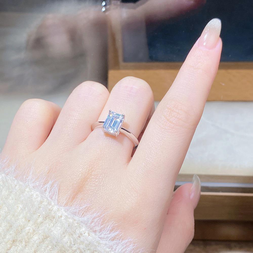 Emerald Cut Moissanite Ring, 2 Carat D Color, 925 Silver Four-Claw Setting.