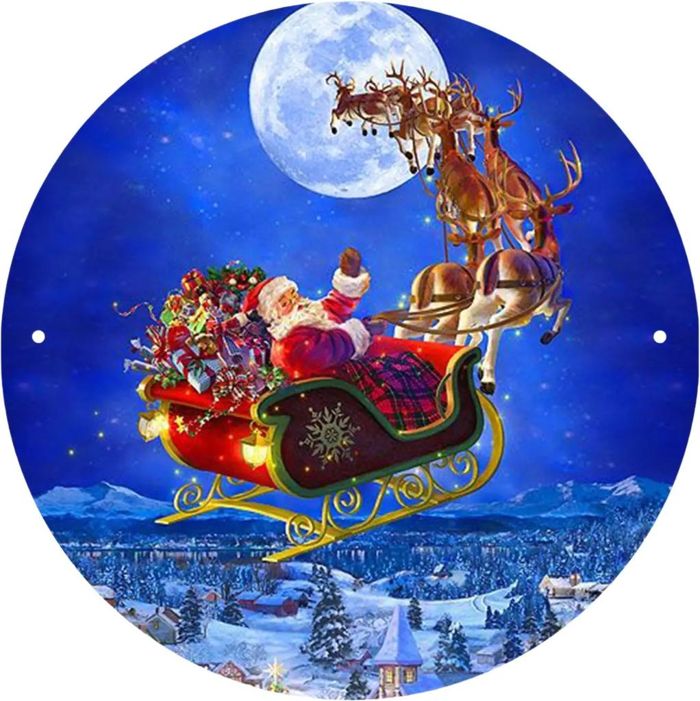 Round Metal Tin Sign Art Painting Wreath Decorative Plates Cartoon Snowman Christmas Poster for Home Garden Garage Wall Decor