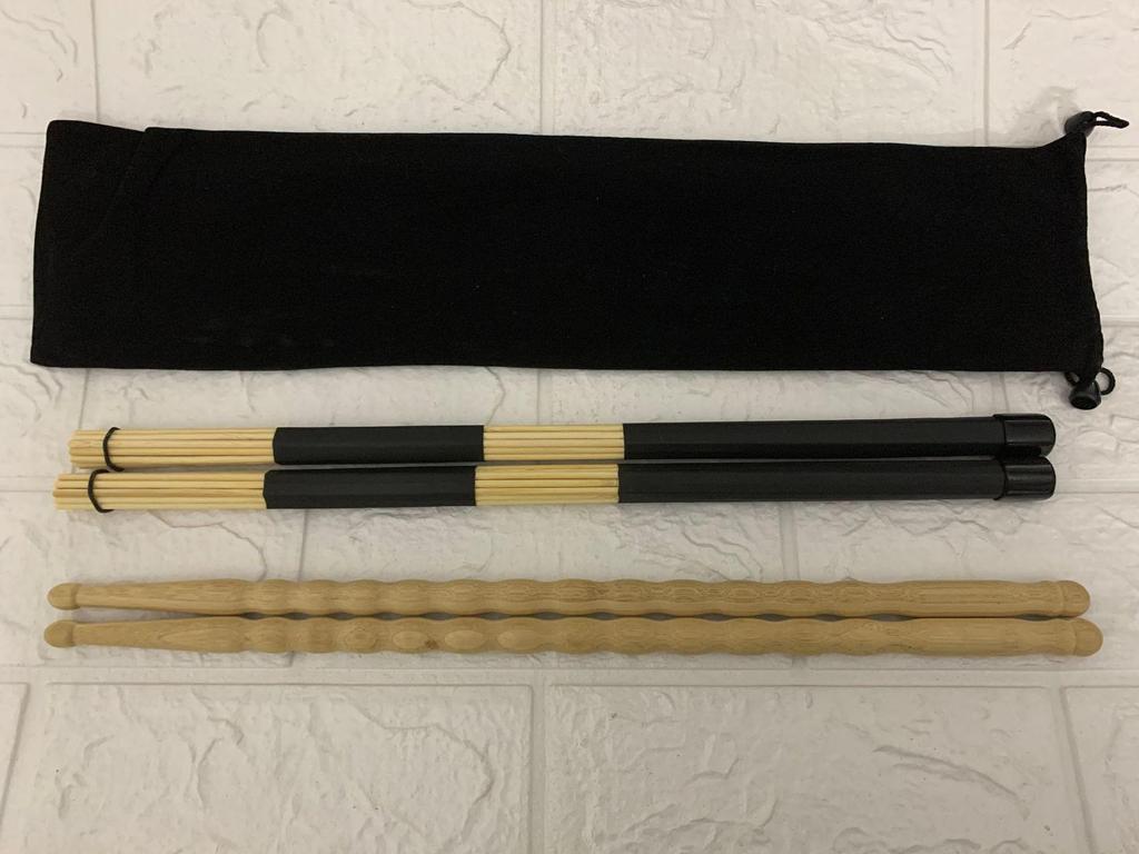 Bamboo Drumsticks & Antique Brush Sticks Set with Black Bag