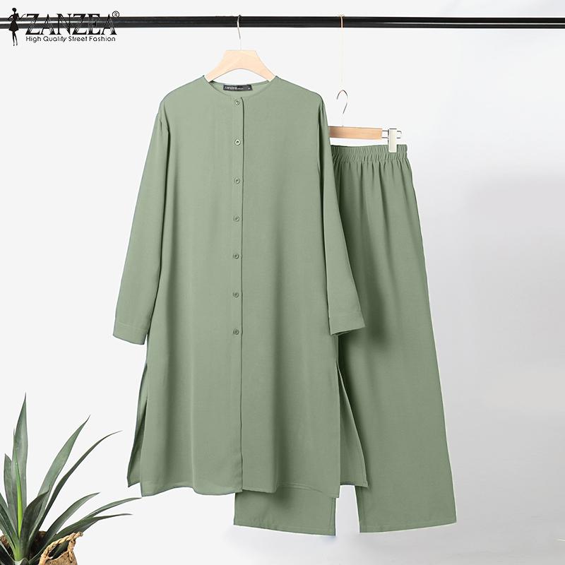 

ZANZEA Ретро наряды Женская блузка и брюки Повседневный комплект из двух предметов