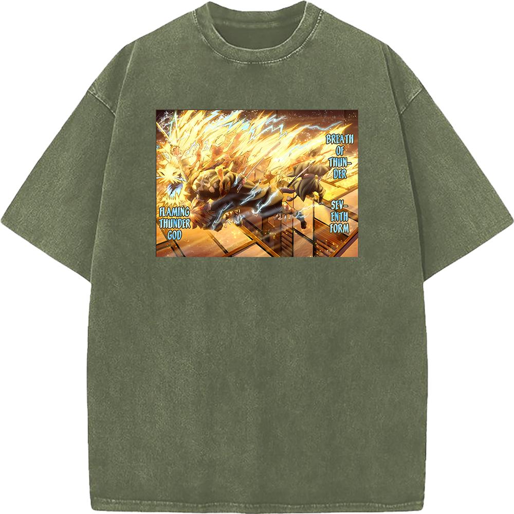 Hot Anime Demon Slayer Agatsuma Zenitsu Kaigaku Print T-shirt Men Retro Washed Tshirts Casual Cotton T Shirt Harajuku Male Tops