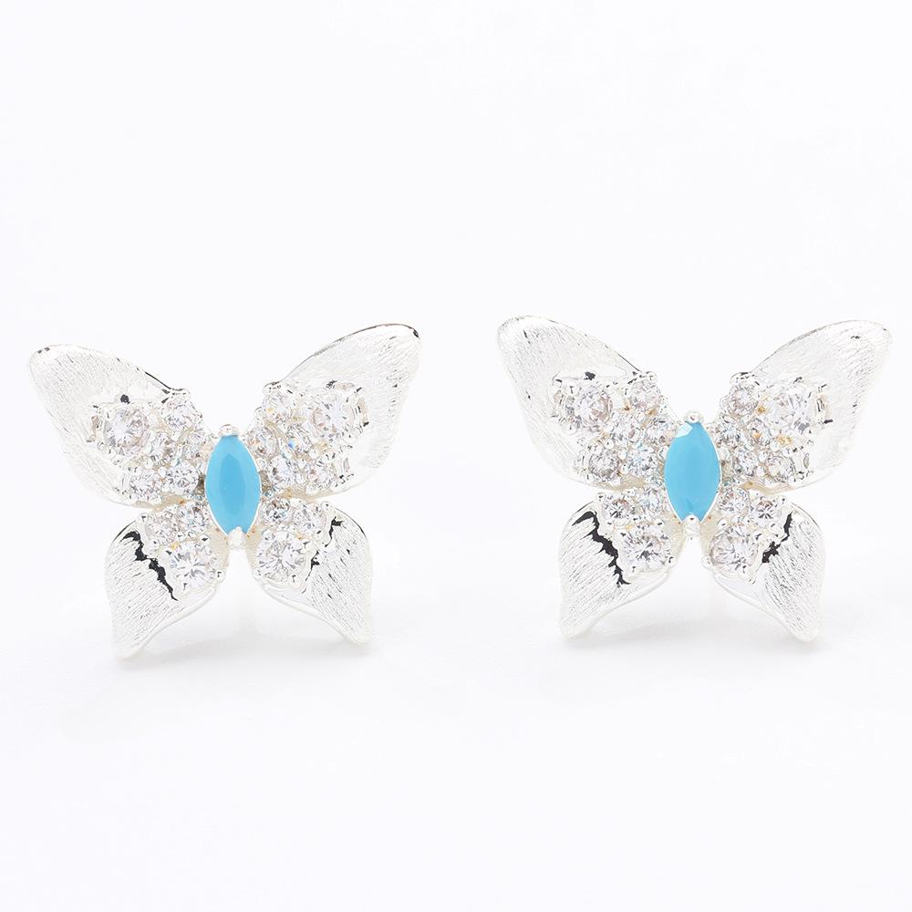 New exquisite diamond-encrusted blue butterfly earrings gold and silver brushed craft stud earrings 925 silver needle women's earrings