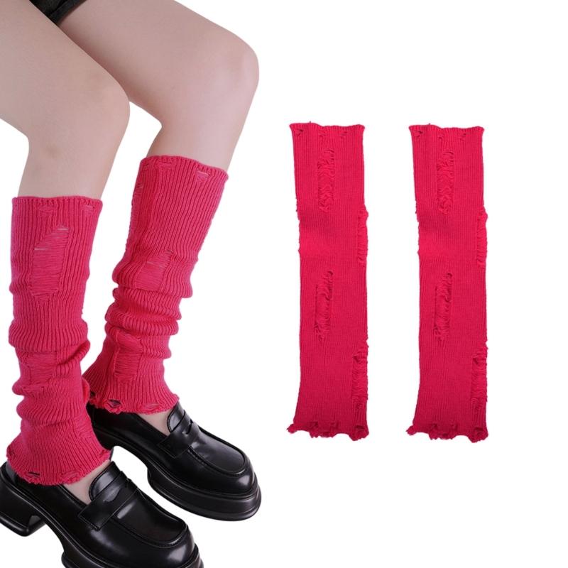 Japanese Punk Leg Warmers Women Solid Color Ribbed Knit Long Socks Y2K Distressed Ripped Boot Cuffs Leg Cover Streetwear