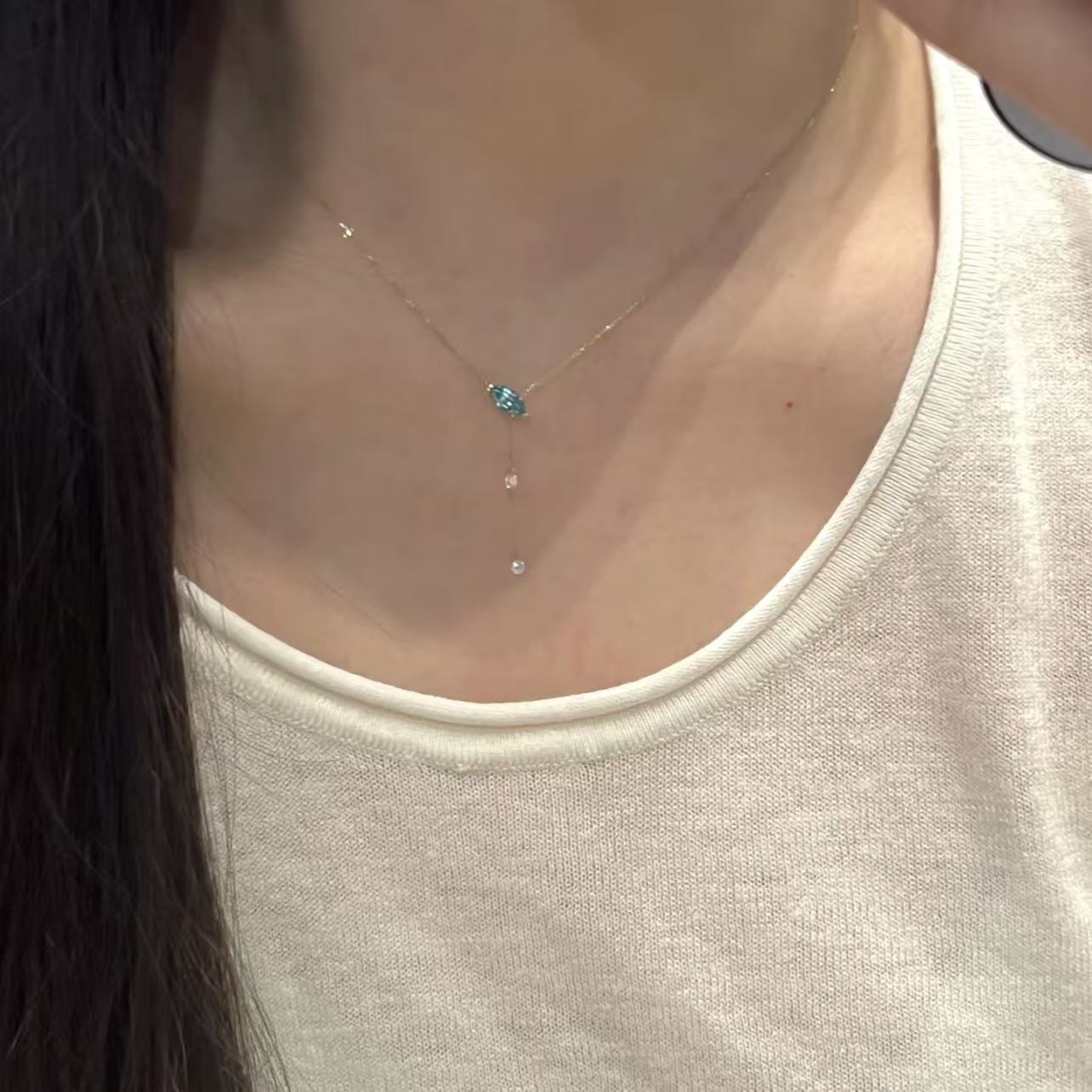 Sparkling Horse Eye Water Droplet Tassel Necklace, Exquisite and Simple, Refreshing and Cool Breeze, Light Luxury Collarbone Chain 40CM