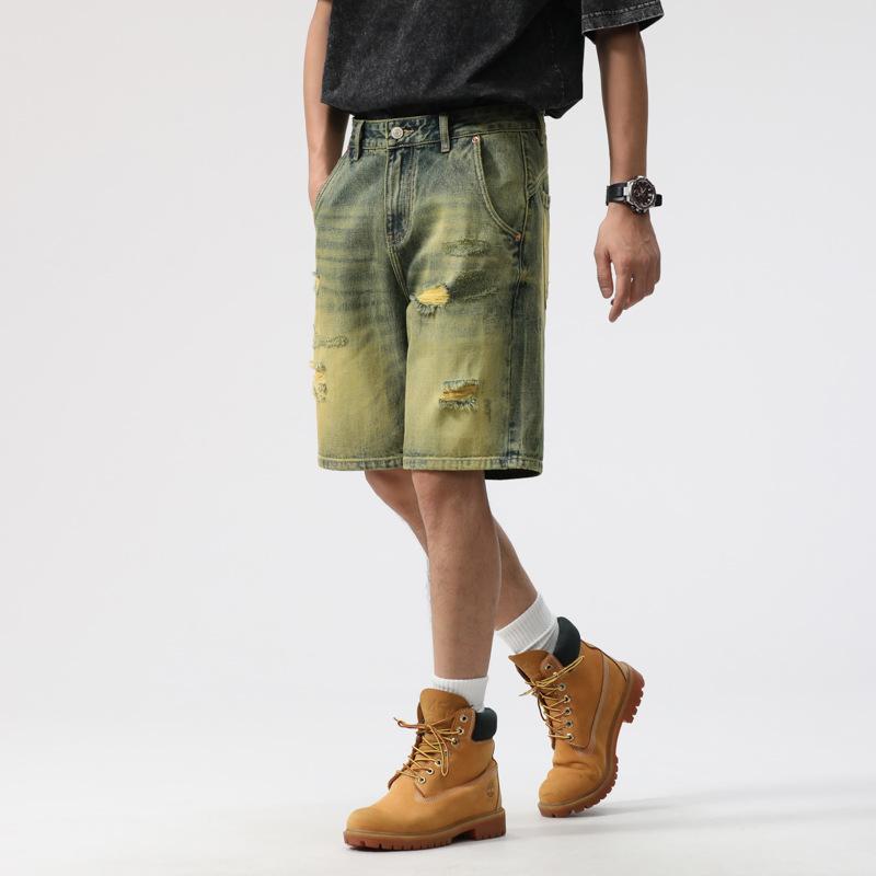 New Summer Retro Old Ripped Denim Shorts Men's Loose Straight Cutout Pants