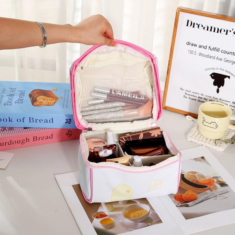 Portable Cosmetic Makeup Bag With Multiple Compartments Large Capacity Travel Toiletry Organizer In Blue Pink