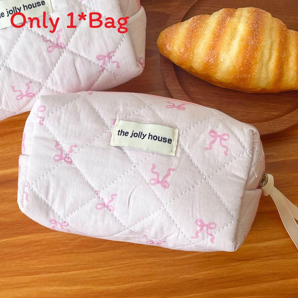 Cotton Pink Ribbon Bow Makeup Bag With Breathable Design For Students And Daily Use