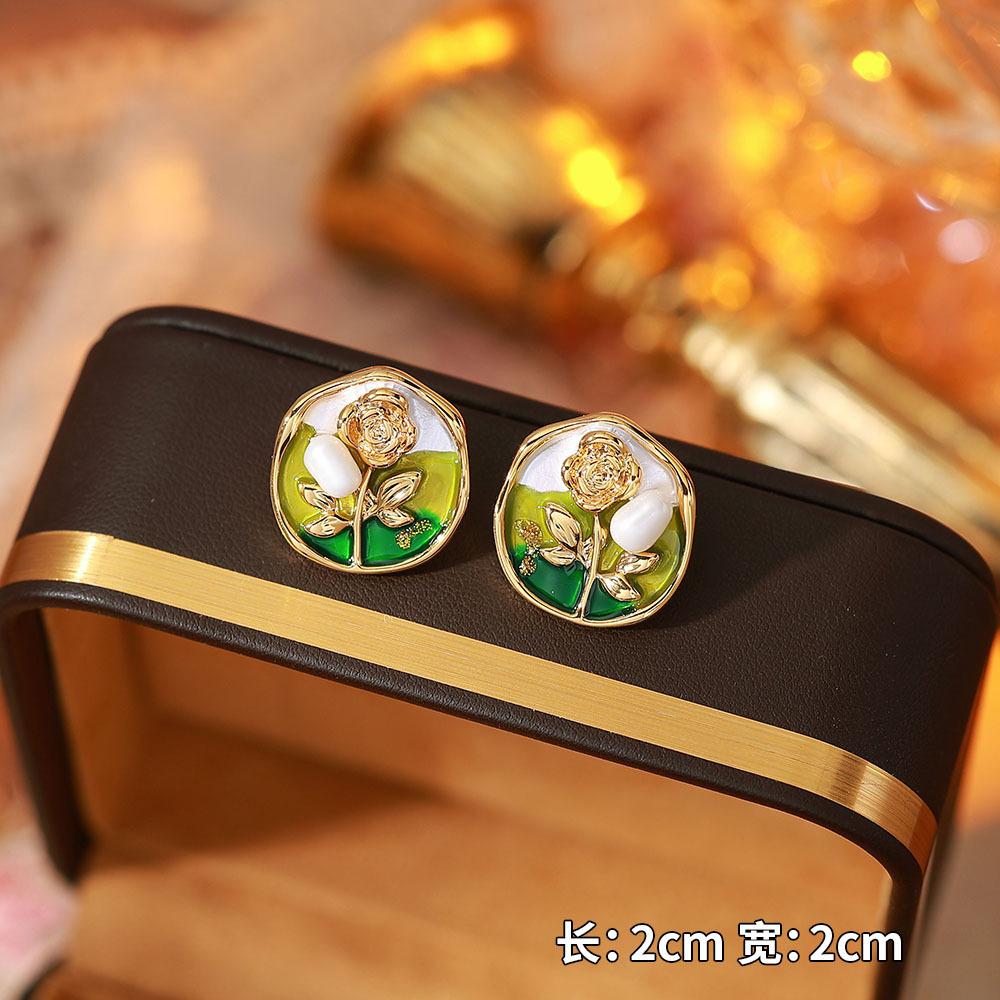 Ainibenni Original Design Enamel Painted Earrings for Women, Monet Garden Oil Painting Style Stud Earrings