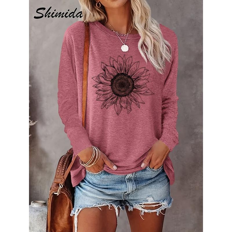 Sunflower print simple long-sleeved T-shirt