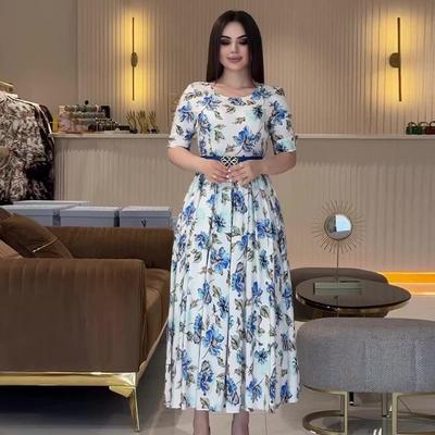 2024 Sommer Damenmode Bedrucktes Hochtailliertes Lässiges Rundhals Langkleid