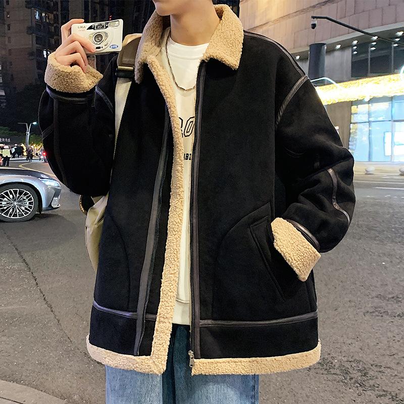 

Suede suede leather jacket men s winter trend ins loose lapel with fleece thickened fur integrated jacket trendy brand jacket cotton jacket M чорний