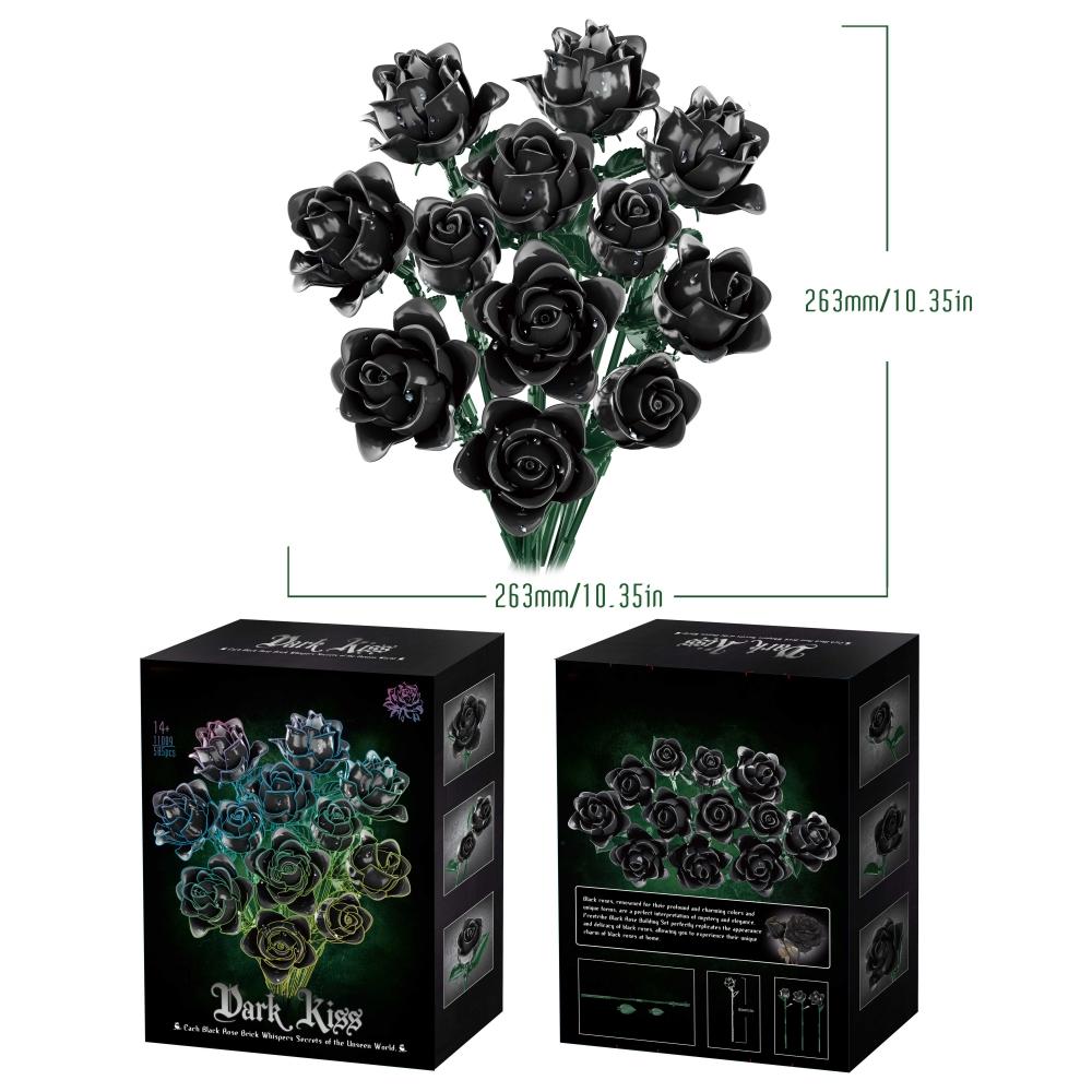 Non-Toxic Creative Dark Rose Bouquet Building Blocks Gothic Style Black Flowers Diy Assembly Bricks Model Valentines Day Gift For Her