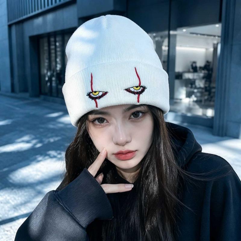 Women S Anime Eye Embroidered Folded Edge Knit Beanie Street Style Warm Winter Hat