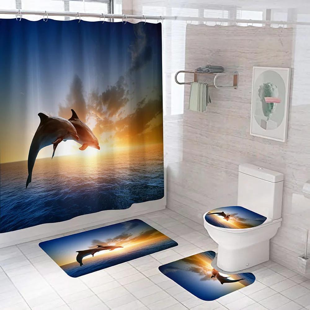 Ocean Dolphin Bathroom Set Animal Waterproof Fabric Shower Curtain Set Sea Scenery Pedestal Rugs Flannel Toilet Cover Bath Mats