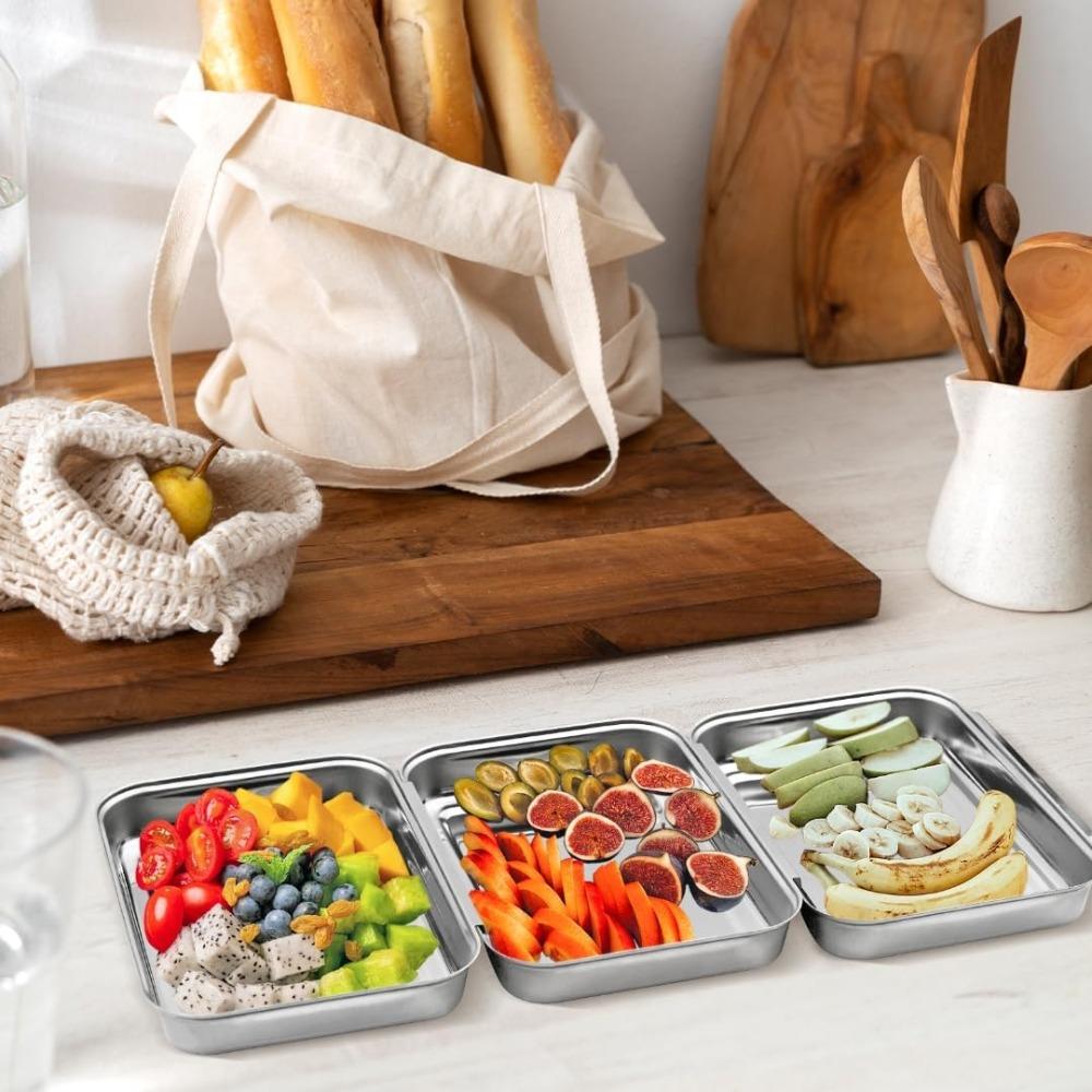 3PCS Interlocking Stainless Steel Breading Trays Set Rectangular Heat-resistant Coating Trays Stackable Rust-proof