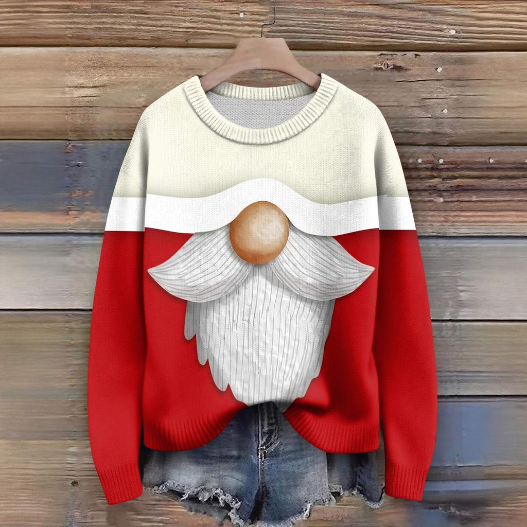 Long Sleeve Pullover Sweaters For Women O Neck Casual Cute Printing Knit Oversized Sweater
