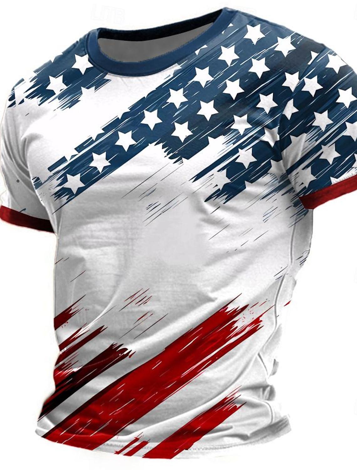 Men s 3D Print T shirt Tee Street American Independence Day T shirt crew neck Short Sleeve Summer American Flag Street Style L