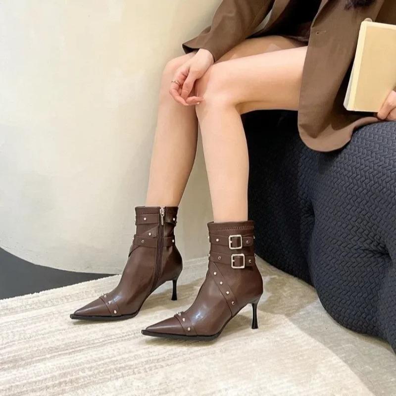 Fashion Fashionable Rivet High Heel Short Boots Pointed Toe Slim Fit Spring Autumn 2025 New Arrival Women's Ankle Boots Leisure Style