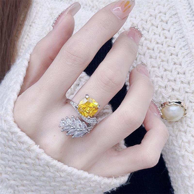 Yellow Diamond Feather Adjustable Ring for Women - Chic Design, Trendy Style Adjustable Open