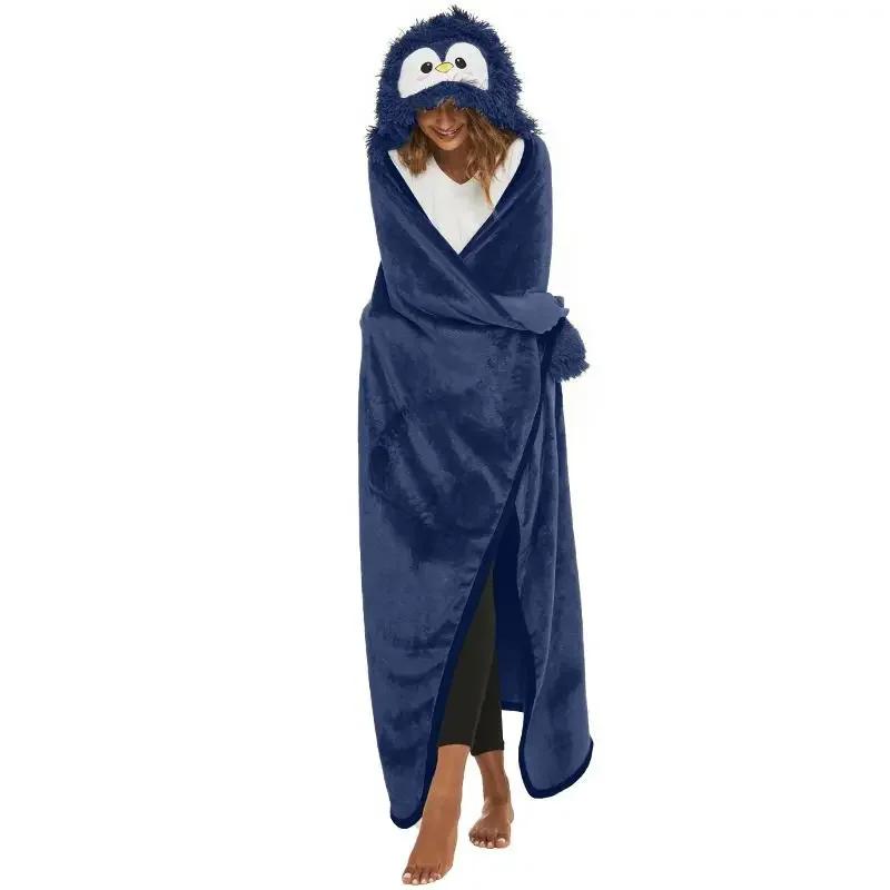 

Flannel Fluffy Winter Warm Hooded Blanket With Gloves Cute Cartoon Household Plush Wearable Hoodie Office Nap Warmer Blanket