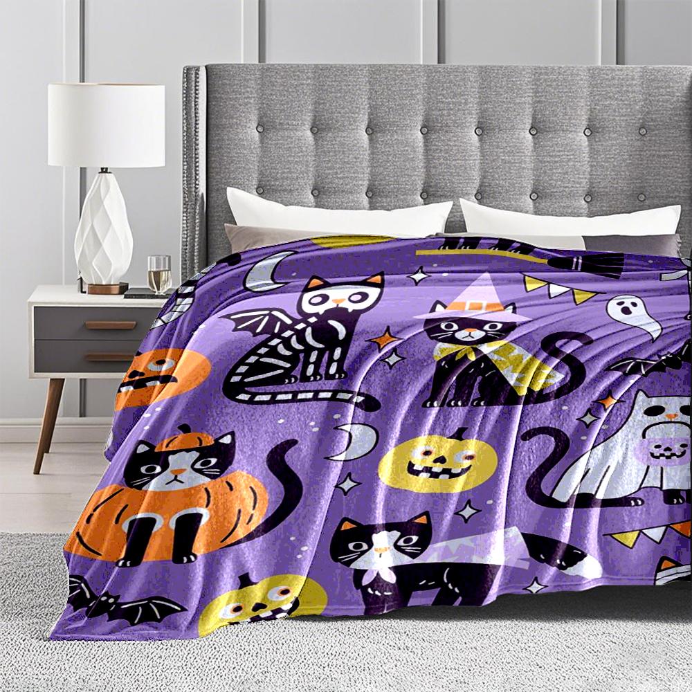 Cute Halloween Cats and Pumpkins Design Flannel Blanket for Bedroom, Living Room, Sofa, and Nap