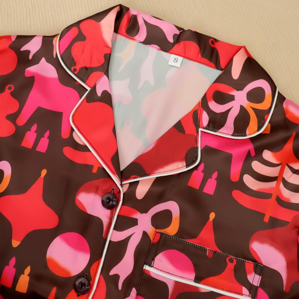 Women's Autumn/Winter Christmas Print Pajama Set - Turn-Down Collar, Long Sleeve, Long Pants, Cardigan Style