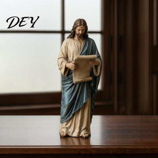 Christian Prayer Altar Decorations Jesus Reading Book Resin Figurine, Small Religious Statue for Bookshelf Mantel Decorative Collectible Statues Nook