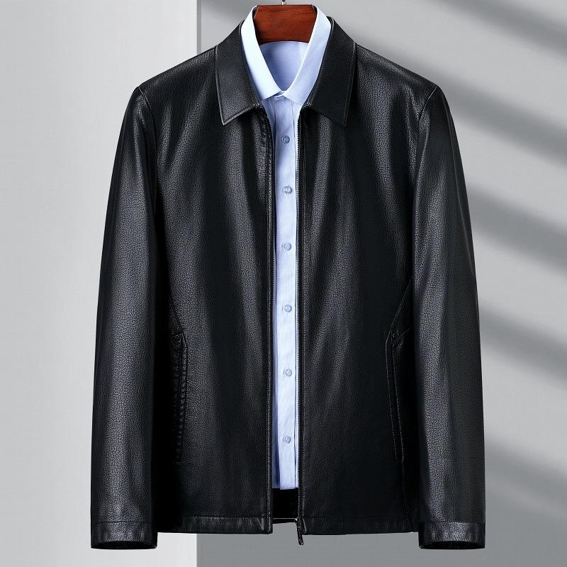 Genuine Leather Jacket Men's Autumn Velvet Lapel Business Casual Leather Top Middle-aged Dad Thin Leather Jacket
