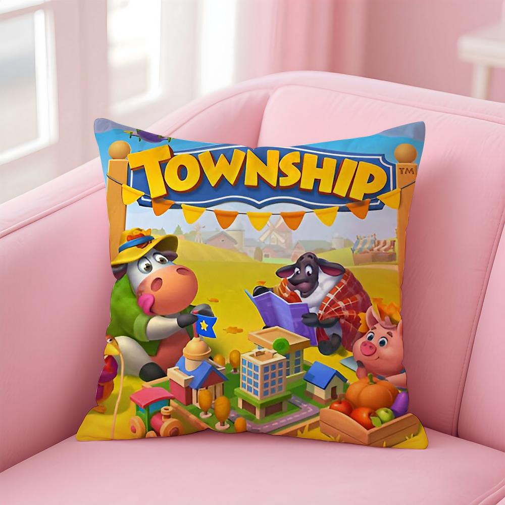 Kwaii Game Anime T-Township Cushion Cover Pillowcase Short Plush Invisible Zipper Room Sofa Cushion Cover