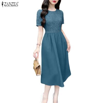 Women Lace Patchwork Casual Round Neck Short Sleeve Dress