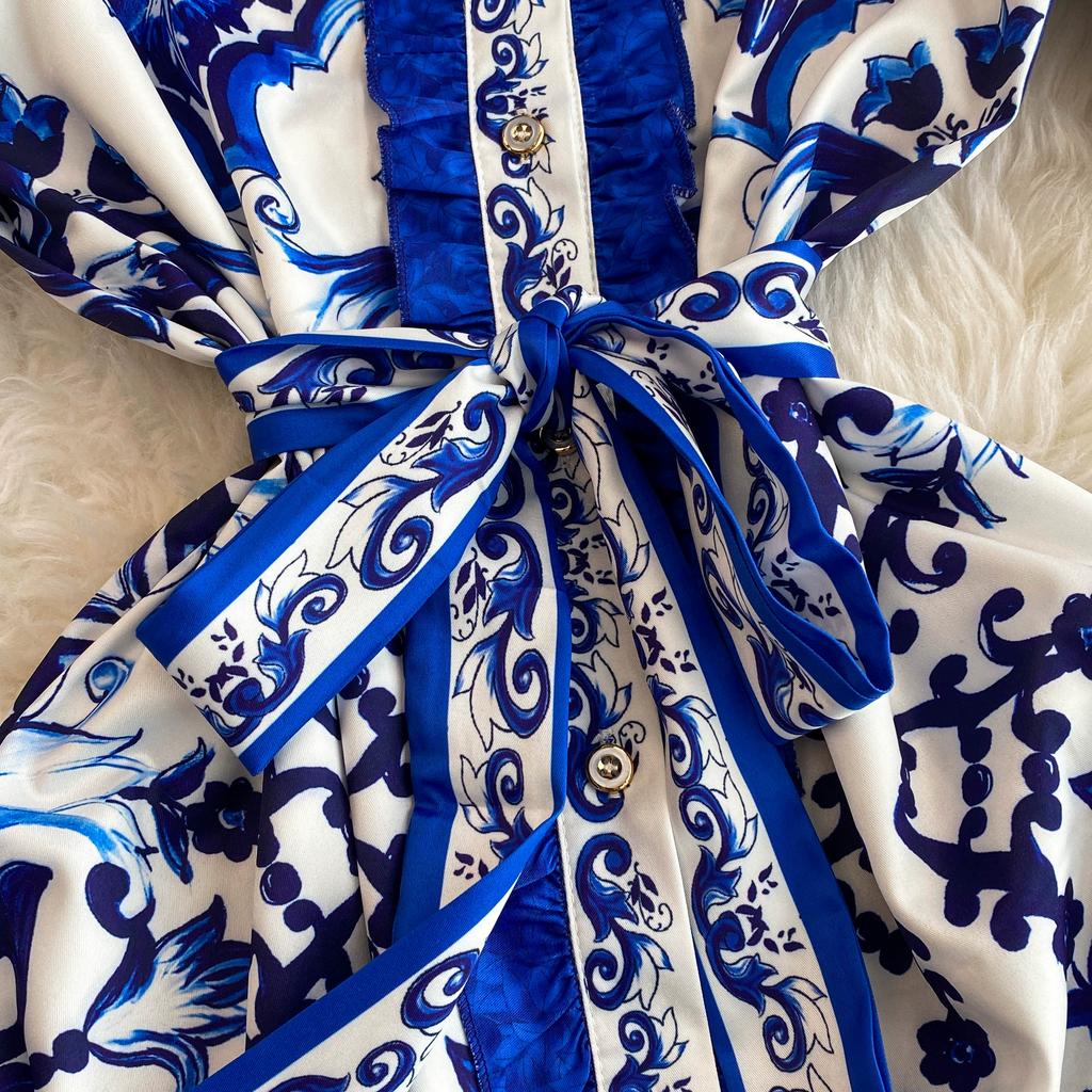 Jaro Podzim Runway Žlutá Červená Modrá a Bílá Porcelánový potisk Župan Dámské Rozevlátý Rukáv Šněrovací Pásek Maxi Společenské šaty