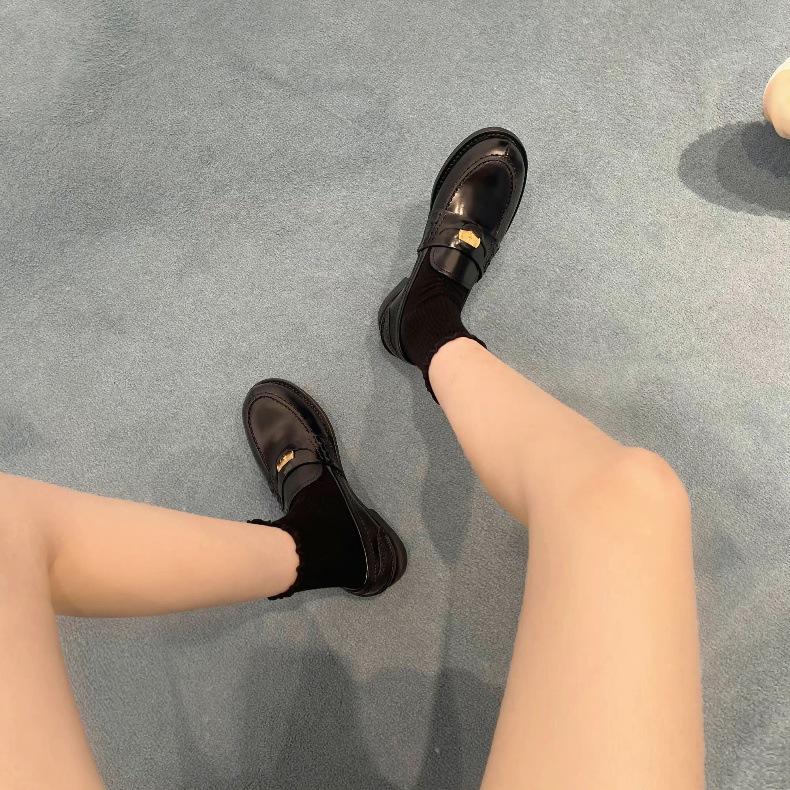 Sheepskin Version~ Small Gold Buckle Leather Retro Loafers Women's Autumn and Winter British Style Small Leather Shoes, Shallow Mouth Flat Shoes