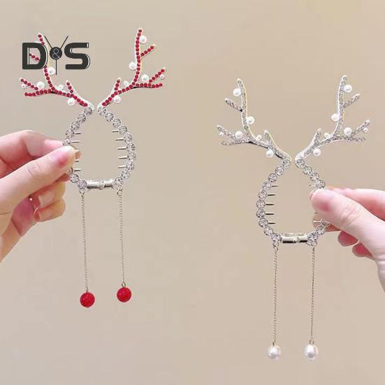 2 stk Jule reinsdyr hårspenne Faux perler Skinnende rhinsteiner Hårklemme Lang duskdesign Hestehale knuteholder Festlige hårtilbehør